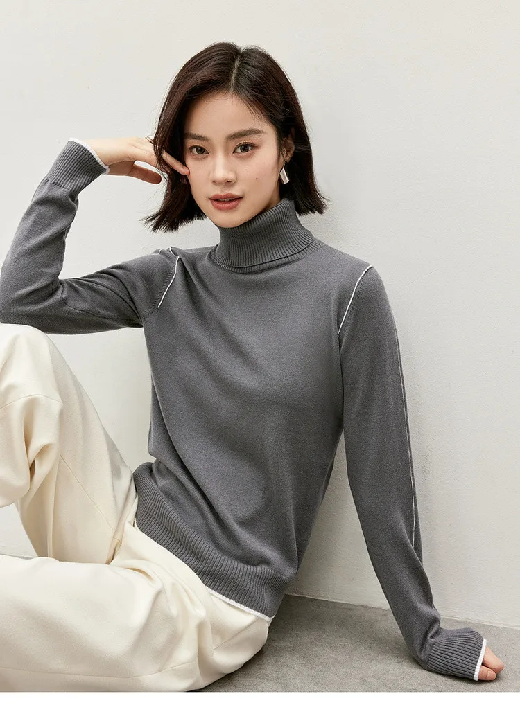 Turtleneck Sweater gray    Women’s wool blend long sleeves pullover knitted Tops for woman Winter soft warm Jumpers Womens sweaters in dark grey  #W43E56257
