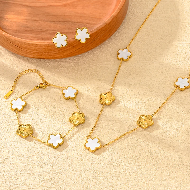 Gold Plated Five Leaf Clover Jewelry Set - Necklace, Bracelet, Rings & Stud Earrings For Women, Lucky Charm