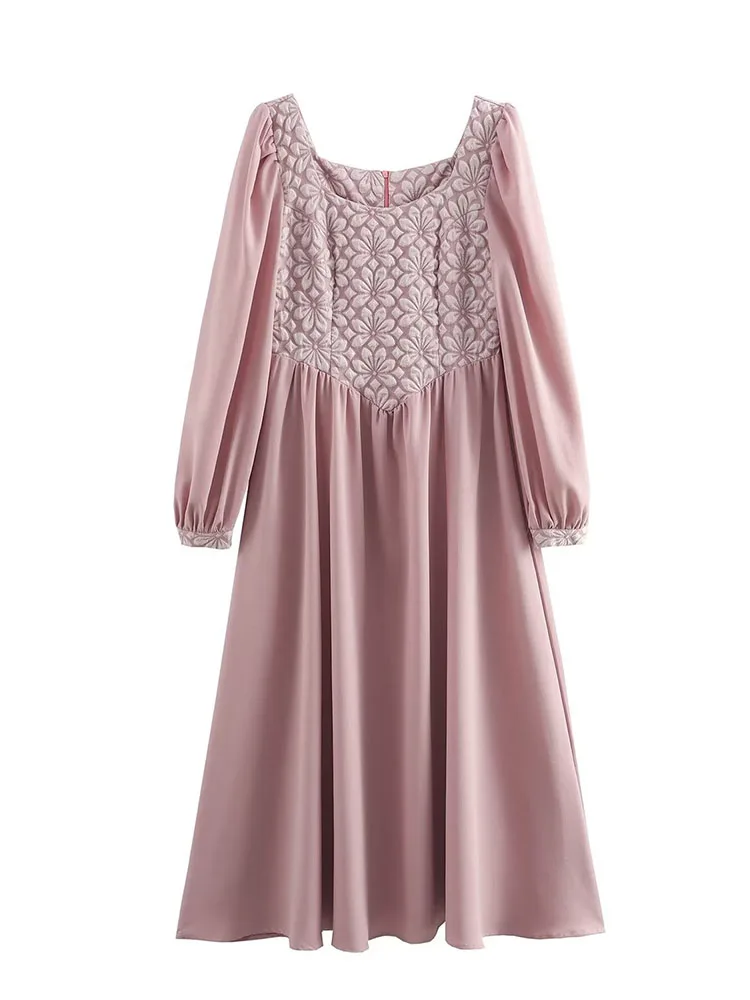 

2023 summer new women's French square collar fashion all-match puff sleeve loose jacquard splicing temperament dress