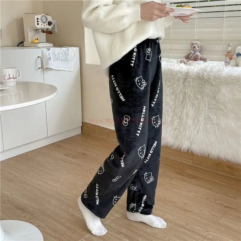 2023 Sanrio Hello Kitty Pajamas Halloween Flannel Fashion Trouserswomen Kawaii Woolen Anime Cartoon Casual Home Pant AutumnGift