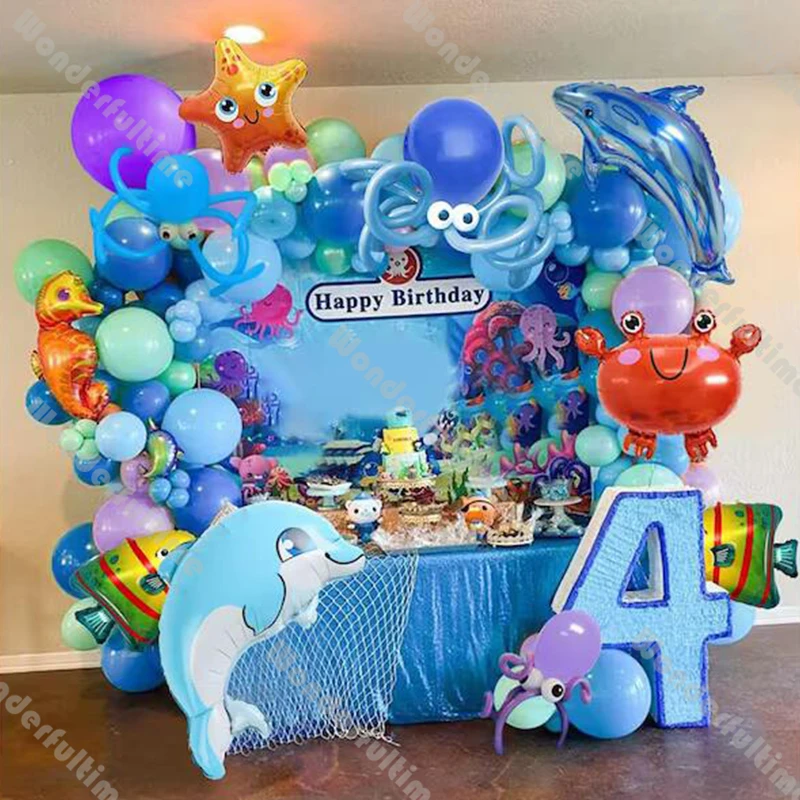 Palloncini Subacquei Arco Ghirlanda Blu Ragazzo Compleanno Decor Delfino Stella Marina Granchio Ippocampo Bubble Fish Foil Globos Baby Shower