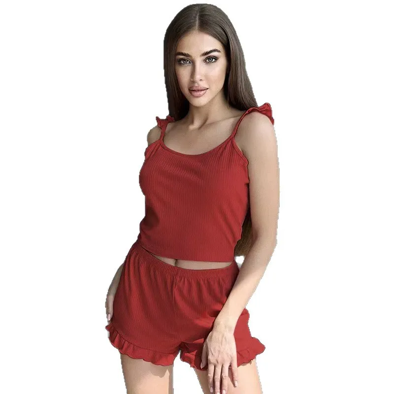 Womens Ribbed Pajama Set Ruffle Strap Cami Top and Shorts Two Piece Sleepwear Cute Summer Loungewear Lettuce Trim Sexy Outfit