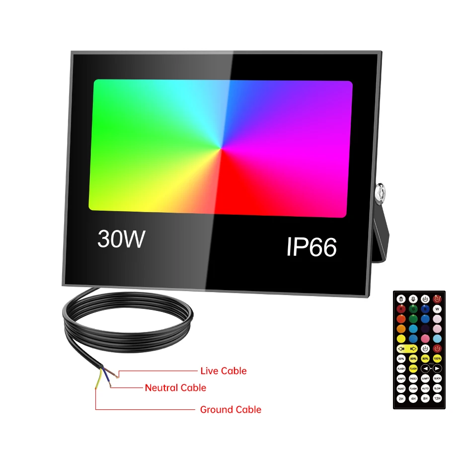30W 50W 80W 야외 RGB LED 투광등 AC85-265V IP66 방수 스포트라이트 정원 조경 거리 조명 장 디밍 가능