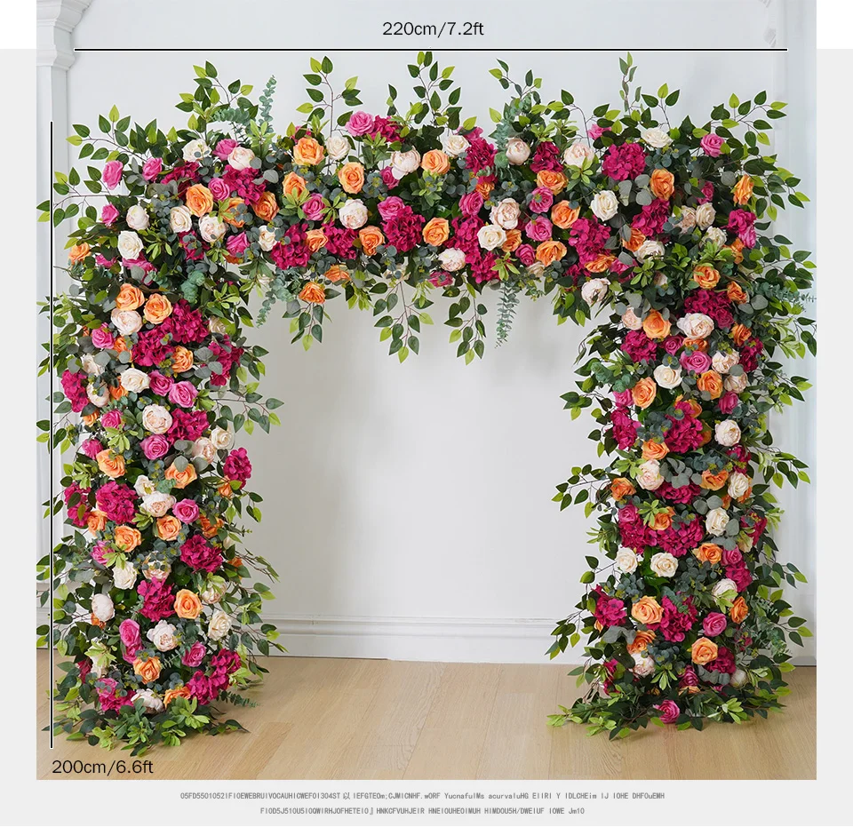 Description Picture 6 of itemHot Pink Orange Rose Green Leaves Arrangement Floral Outdoor Wedding Backdrop Flower Arch Frame Decor Event Party Props A8230