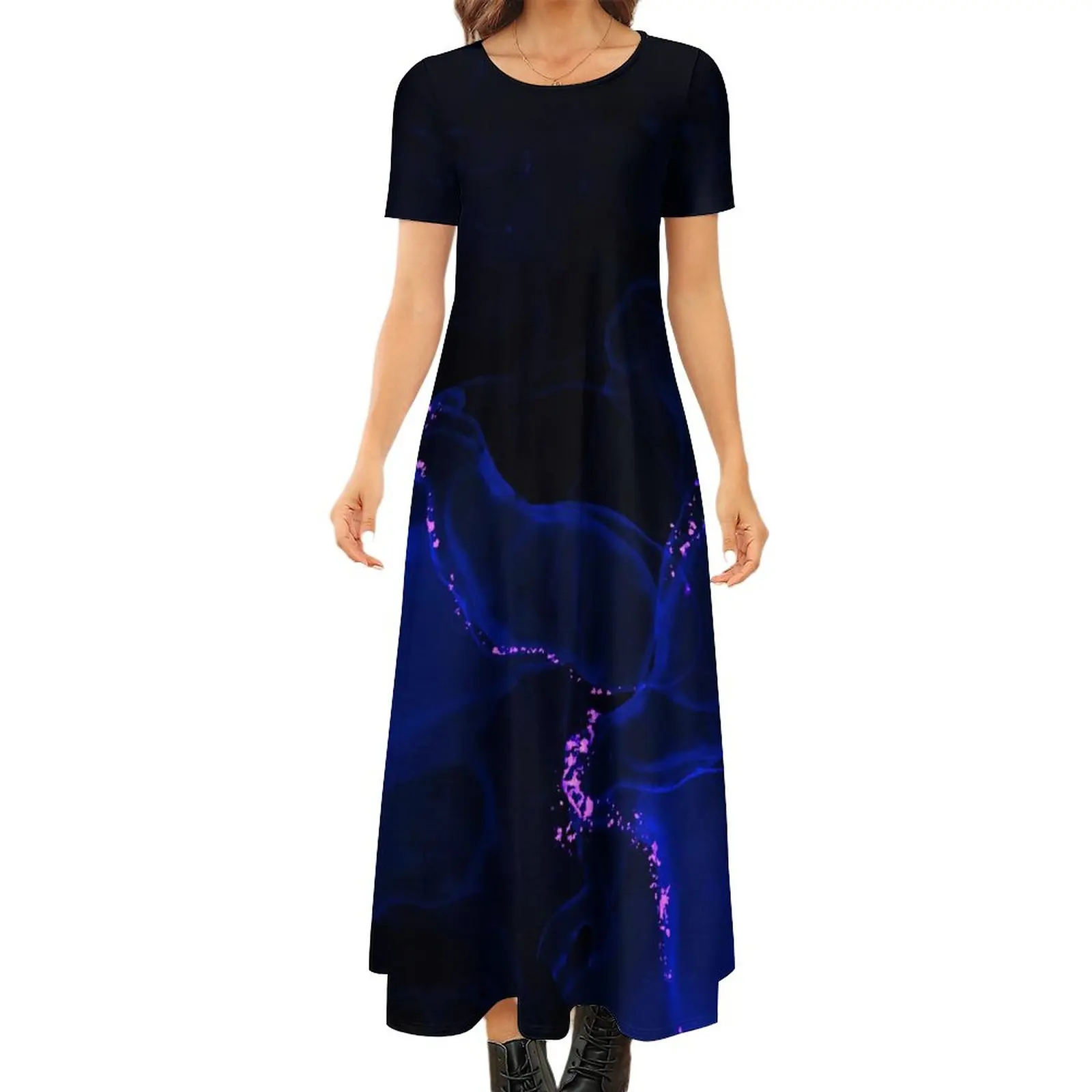 

Summer Short Sleeve Glitter Hand Drawn Background Printing Vintage Dresses For Women Fashion Female Clothing Loose Beach Elegant