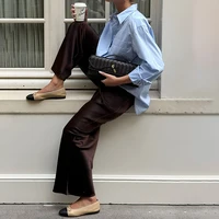 Linad élégant marron Satin pantalon à jambes larges femmes automne mode Beige taille haute pantalon rue Chic soie pantalons longs femme 2025 3