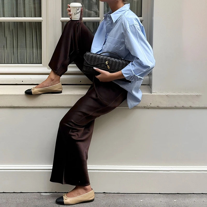 Linad Elegant Brown Satin Wide Leg Pants Women Autumn Fashion Beige High Waist Trousers Street Chic Silk Long Pants Female 2025