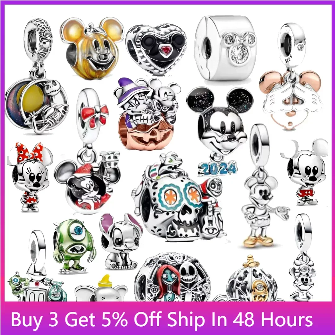 2024 New Dante Bead Disney Mickey Minnie Mouse Skull Charm Fit Pandora Bracciale 925 Argento Halloween Main Stone Item Shape