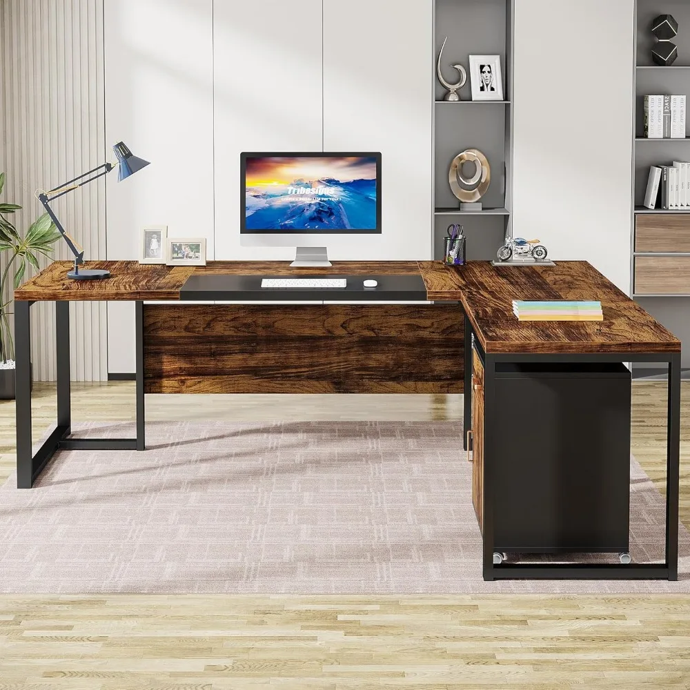 70.8-Inch Executive Desk with File Cabinet, Large L Shaped Computer Desk with Storage Cabinet, L Shaped Desk with Drawer Cabinet 6