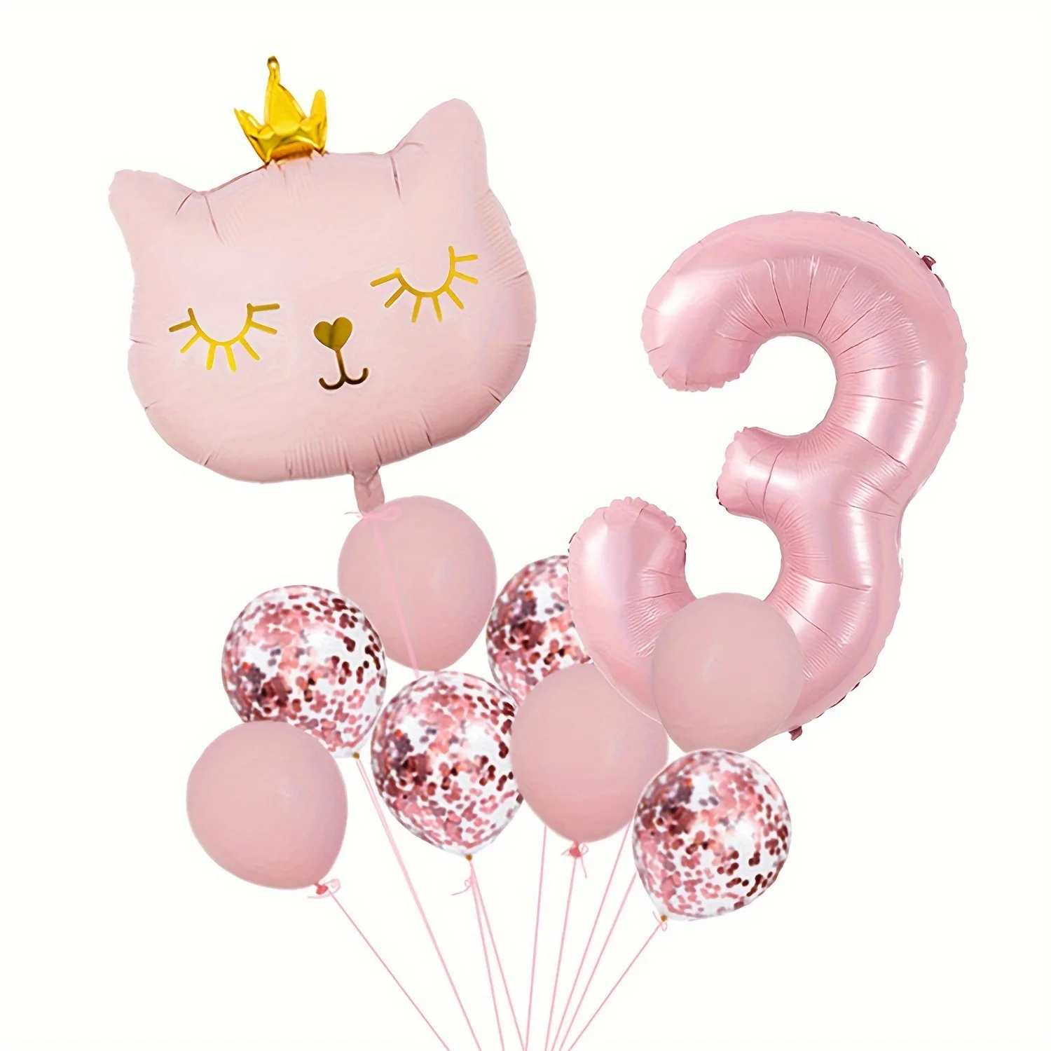 1set Pink Crown Cat Foil Digital Balloon Cartoon Animal Pull Flag Set Girl Happy Birthday Party Decorations Baby Shower Gift
