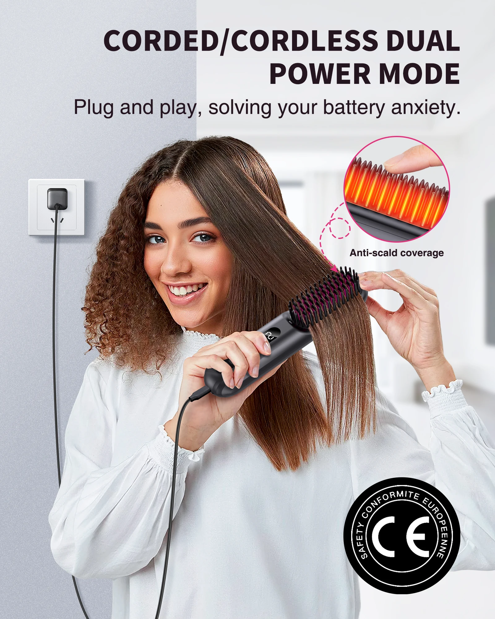 Cordless Hair Straightener Portable Brush 30s Fast Heating 10000mAh Rechargeable 300 Million Negative Ions Straightening Comb 4