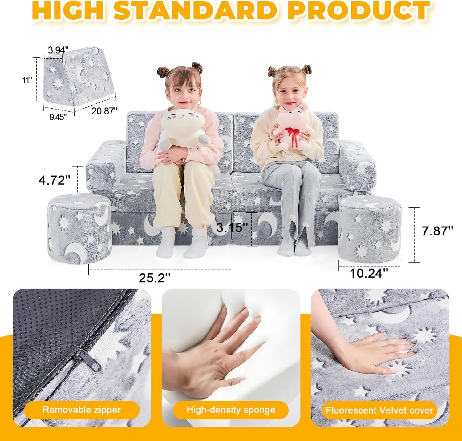 Modular Kids Play Couch, Kids Couch Toddler Couch, Child Sectional Sofa, Bedroom and Playroom Furniture for Toddlers, Blue