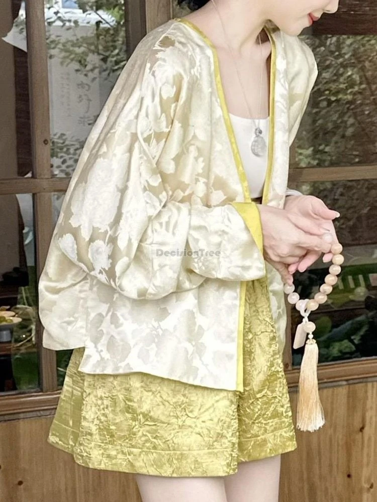 spring chinese fashion national style disc buckle v-neck coat shorts two-piece loose casual style women tang suit set w622