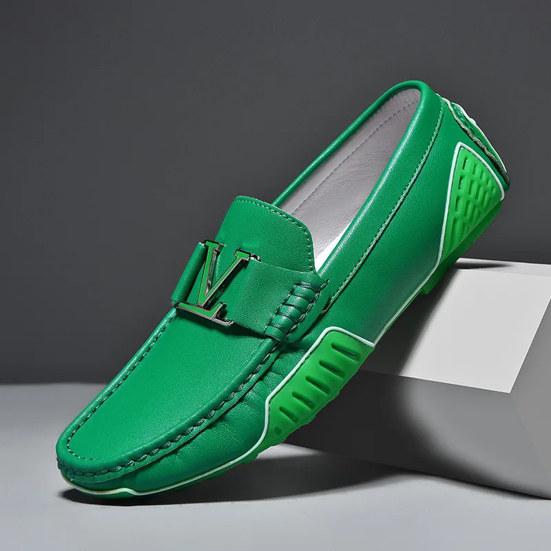 Men's Casual Leather Shoes Cowhide Loafers Soft Luxury Pea Shoes Green Genuine Leather Men's Flats Driving leather shoes men loafers