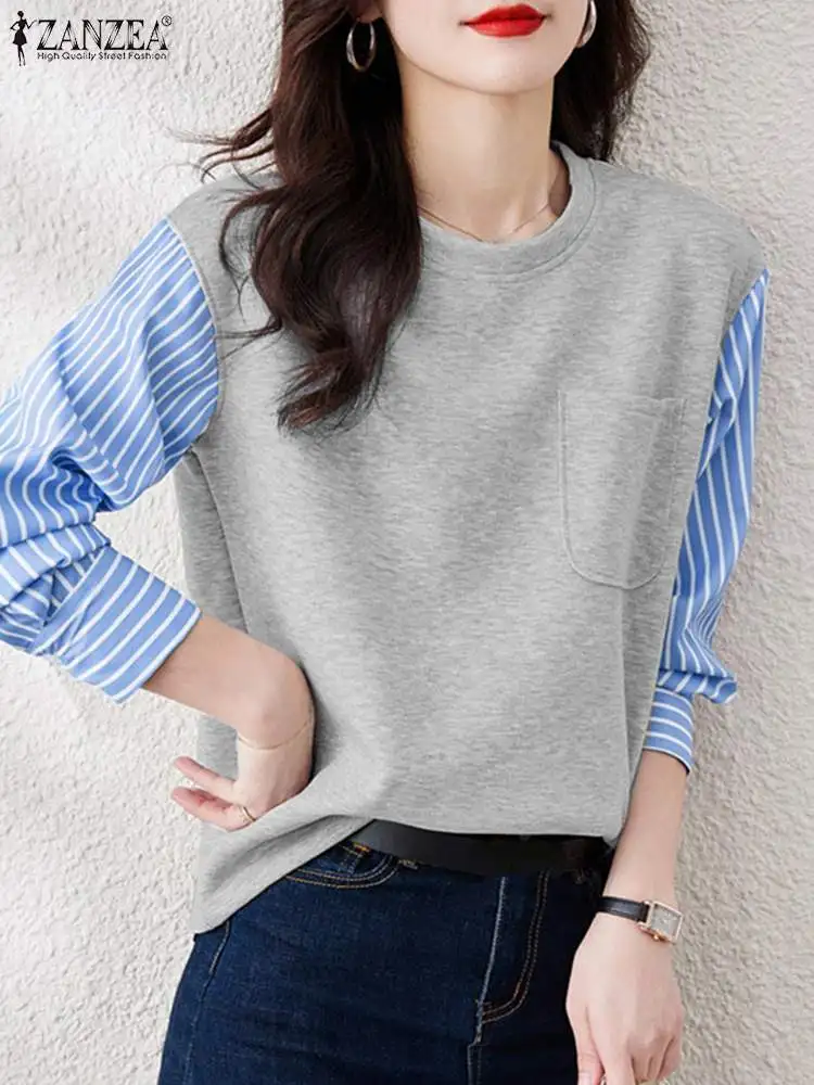 

ZANZEA Autumn Blouse Women Fake Two Pieces Tops Fashion Pullover Casual Work Sweatshirt Long Sleeve Striped Patchwork Shirt