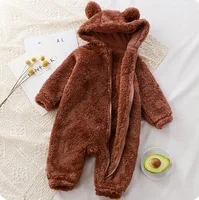 Thick Warm Baby Rompers Cute Winter Infant Jumpsuits Hooded Coral Fleece Bear Shape Newborn Soft Pajamas Overalls Clothing 5