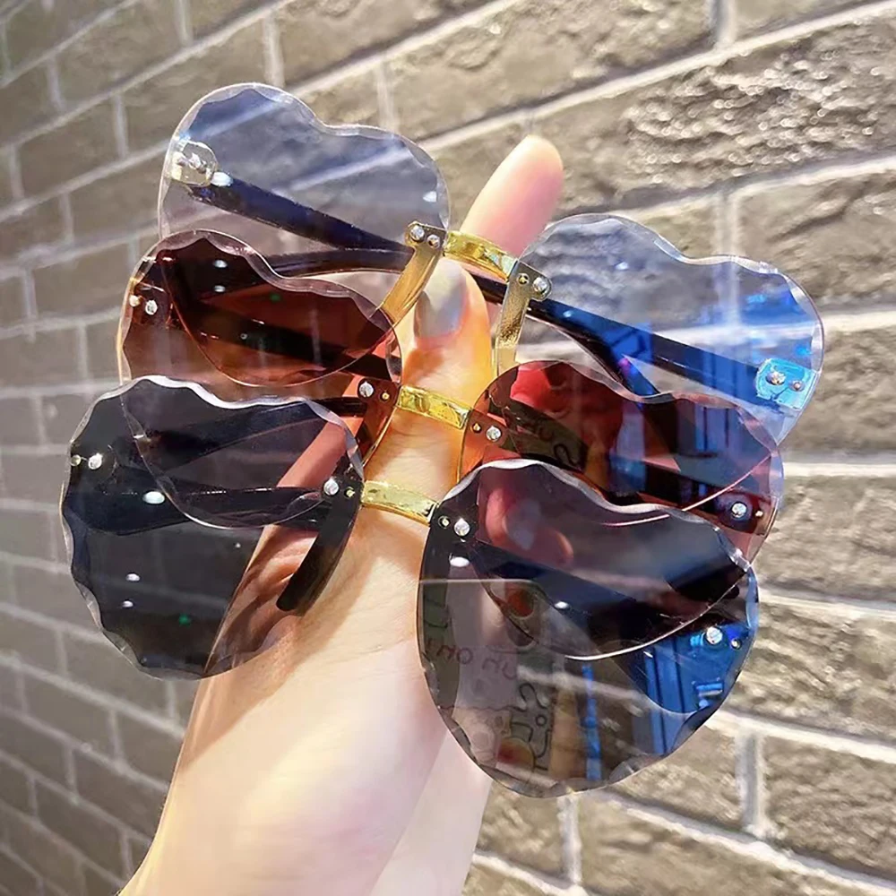 하트 테 림리스 아동 선글라스 패션 하트 모양 어린이 선글라스 소녀 야외 여행 UV400 보호 안경