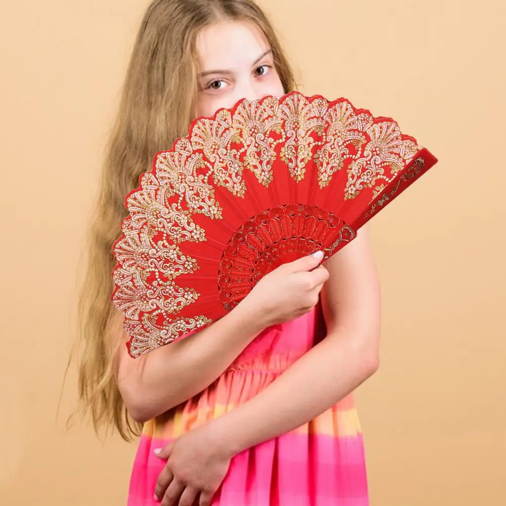 Folding Fan Gold Blocking Fan Chinese Wedding Cloth Folding Embroidered Hot Stamping Photography Props Handheld Gifts