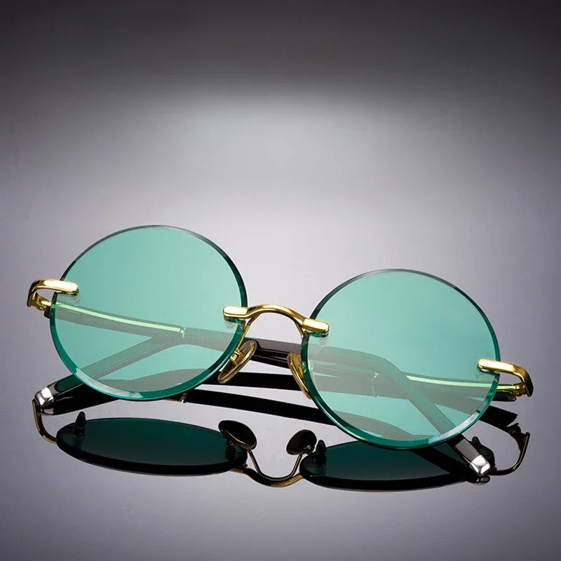 Fashion Classic Rimless Sunglasses Women Men Crystal Dark Green Lens Sun Glasses Retro Round Glasses Outdoor Driving Eyeglasses 3