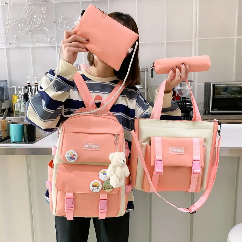 4 Pcs Set Kawaii Backpack For Student School Bags For Teenager Girls Schoolbag Book Bags Pencil Case Women Travel Backpack Tote