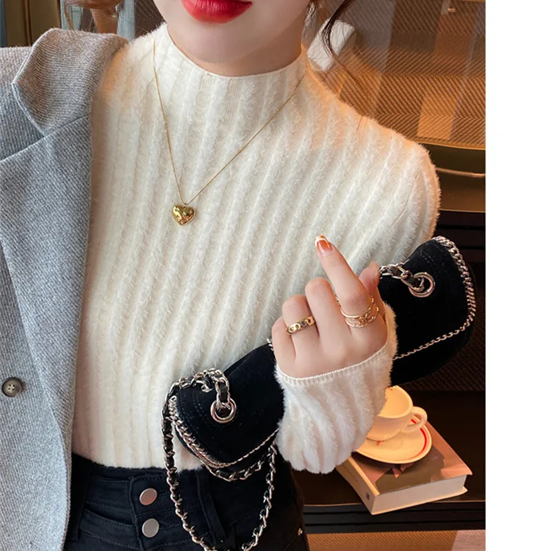 Autumn and Winter New Solid Color Women's Semi-turtleneck Long-sleeved Slim-fit Sweater Fashion Striped Knitwear Bottoming Shirt