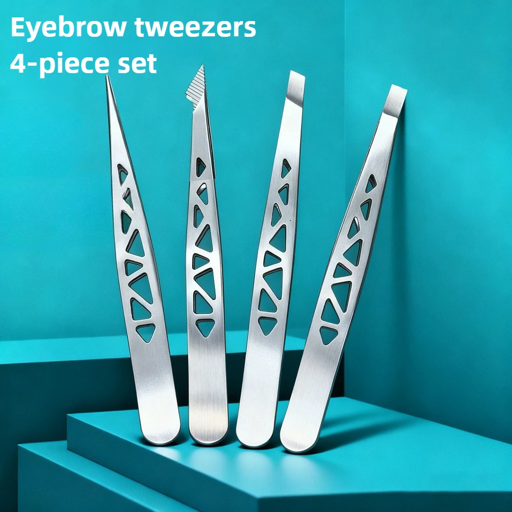 4개입 스테인리스 정밀 핀셋 전문가용 사선 끝, 평평한 끝 및 각진 끝 눈썹 정리 및 잔해 제거용