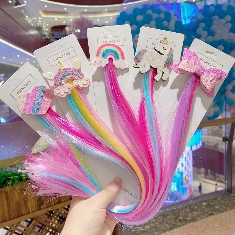 Gradient Color Bow Hair Clip Princess Style Girls Hairbands Girls Colorful Wigs Cartoon Unicorn Ponytail Clip Headwear Kids Gift