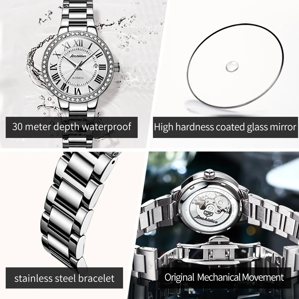 JSDUN Automatic Watch for Women Luxury Roman Scale Rose Gold Diamond Ladies Watches Stainless Steel Mechanical Watch reloj mujer