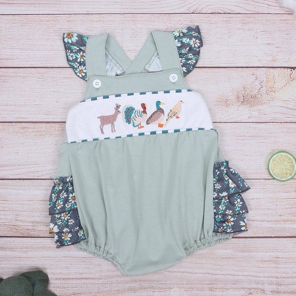 

0-3T Newborn Baby Girl Clothes Green Rompers With Cartoon Deer Chicken Duck Bird Embroidery One-pieces Bodysuit Summer Jumpsuits
