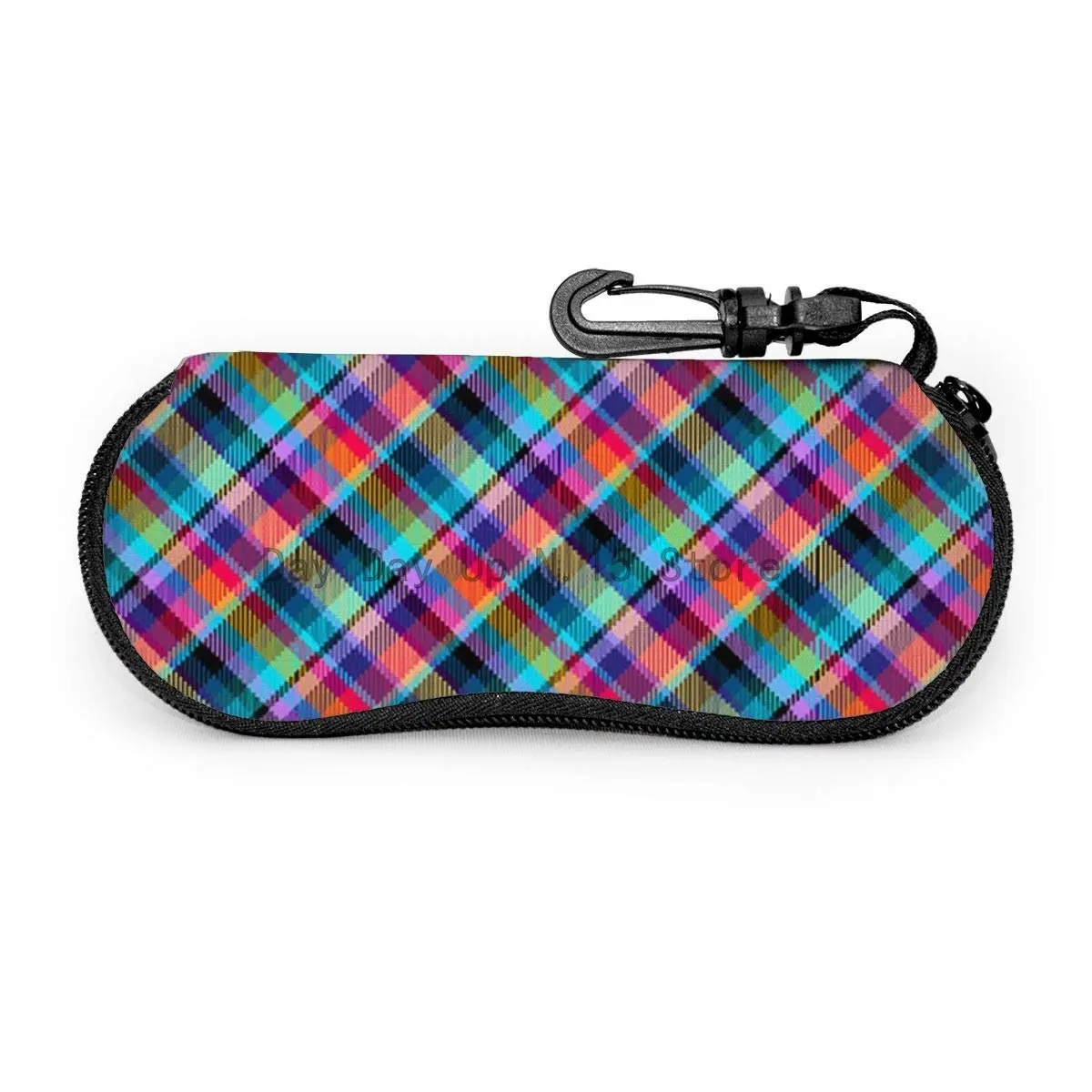 

Glasses Case With Carabiner Madras Plaid Tropical Tartan Portable Neoprene Zipper Sunglasses Soft Case