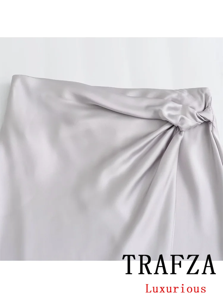 TRAFZA 여성용 빈티지 캐주얼 시크 새틴 세트 솔리드 실버 O넥 셔츠, 롱 스커트, 2024 용수철 여름 실키 세트, 새로운 패션