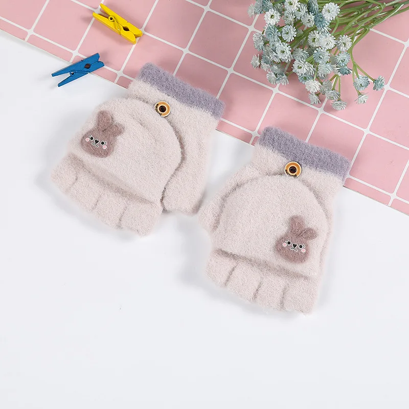 3-8 Year Old Winter Children's Plush Contrasting Rabbit Gloves Student Writing Half Finger Baby Cartoon Gloves