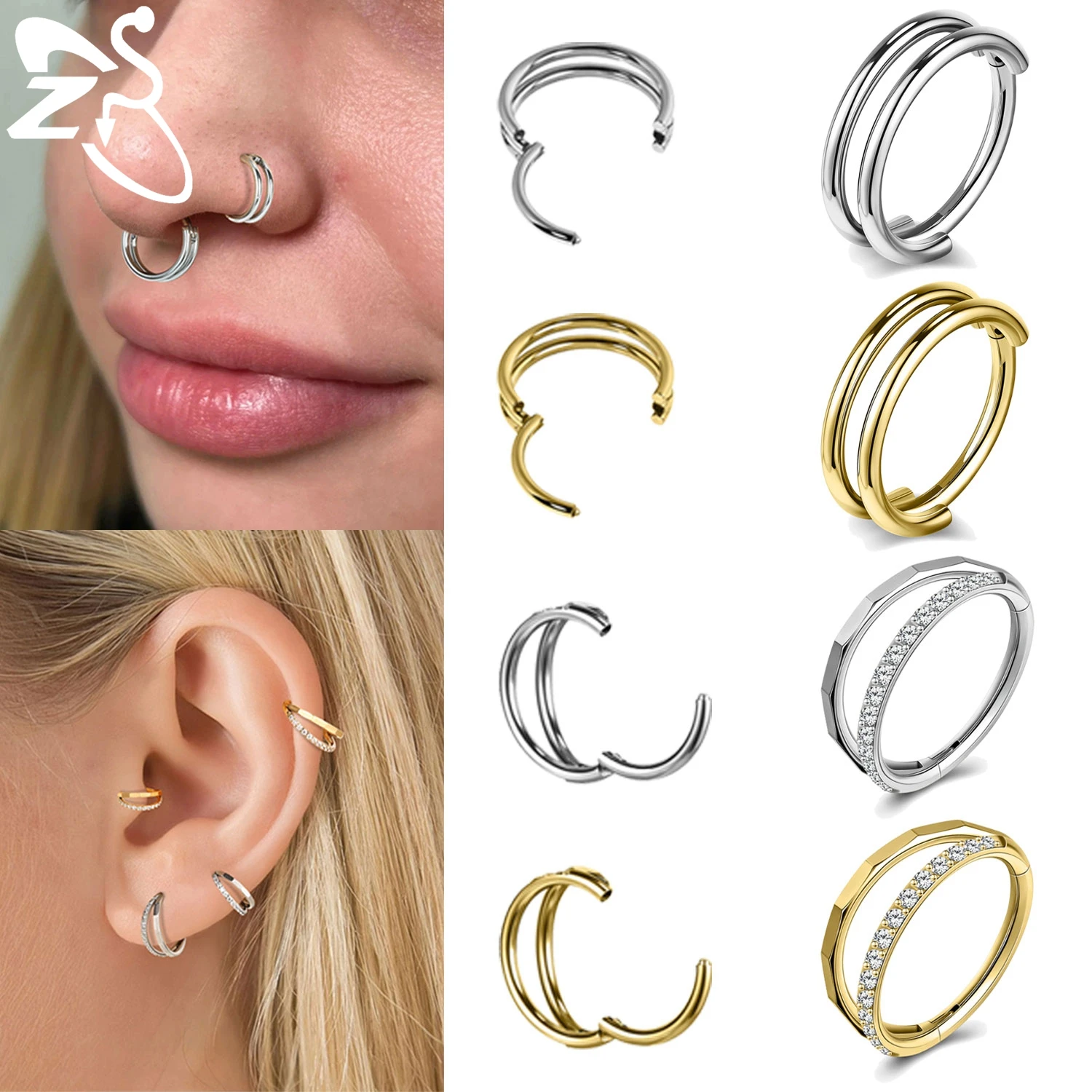 ZS 1 PC 16/18G 스테인레스 스틸 후프 코 링 8/10/12MM 더블 레이어 ..