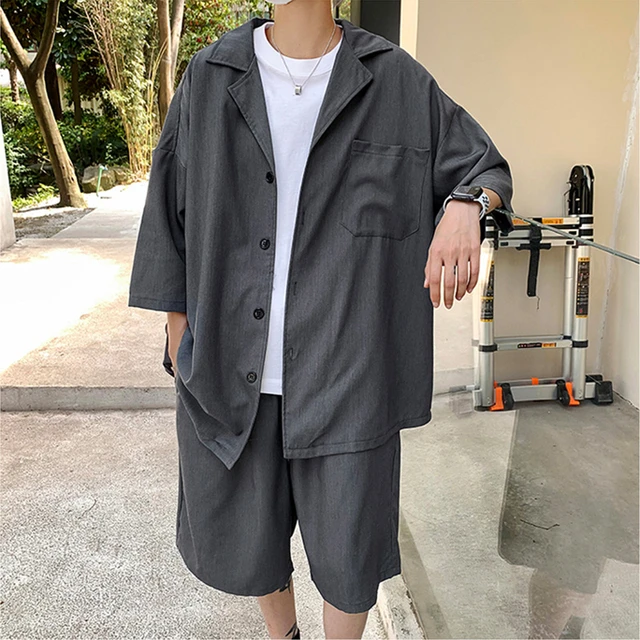 Summer Men Zipper Loose Short Sleeve Shirt Jacket Korean Style Man