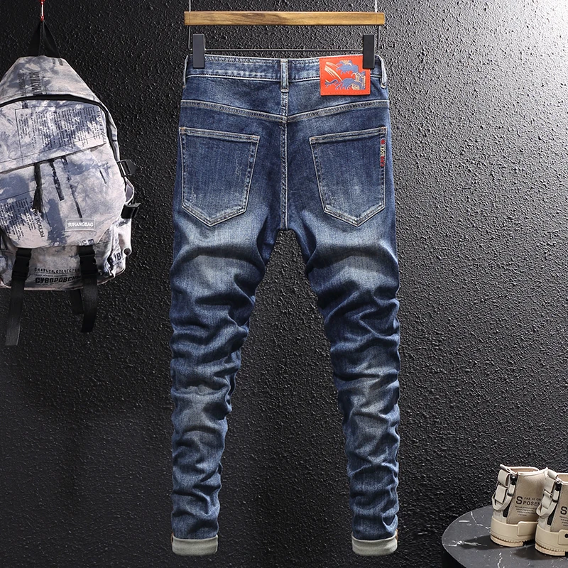 Newly Fashion Trendy Men Jeans Vintage Blue Elastic Slim Fit Embroidery Designer Jeans Men Trousers Casual Denim Pants Hombre