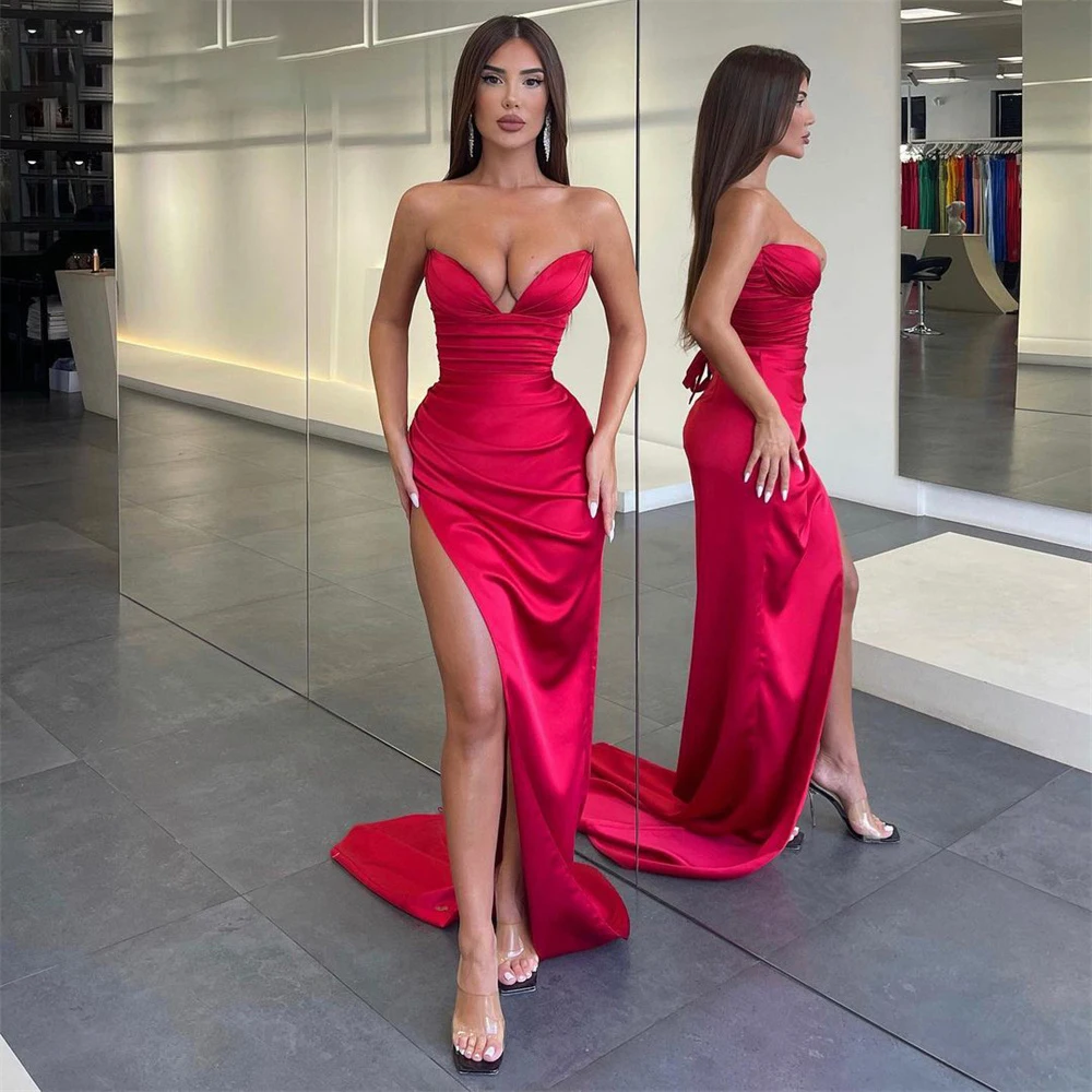 

Red Sexy Mermaid Evening Dress Off Shoulder V-Neck Side Slit Pleat Prom Dress Arabia Shiny Satin Party Gowns robes de soirée