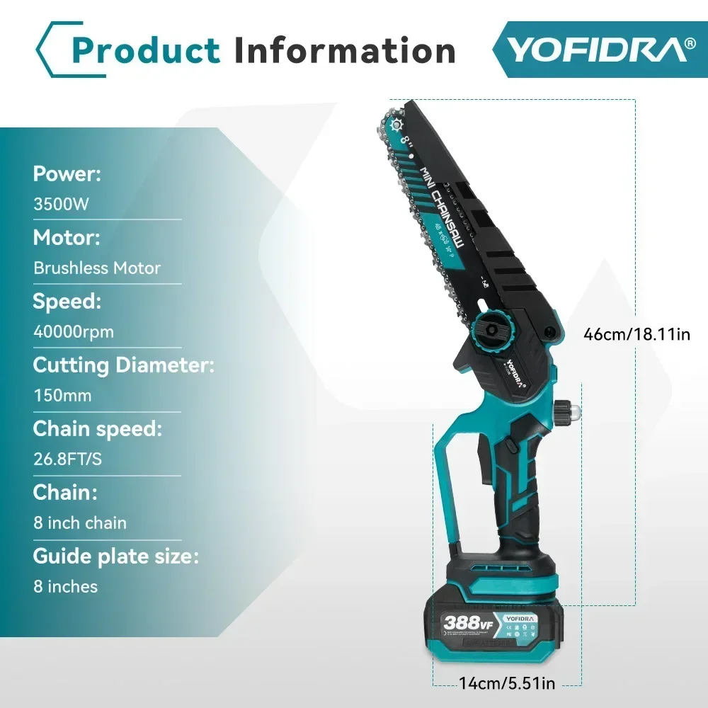 YOFIDRA Brushless 8 Inch Electric Chainsaw Cordless Rechargeable Woodworking Garden Pruning Saw Tool for Makita 18V Battery 4