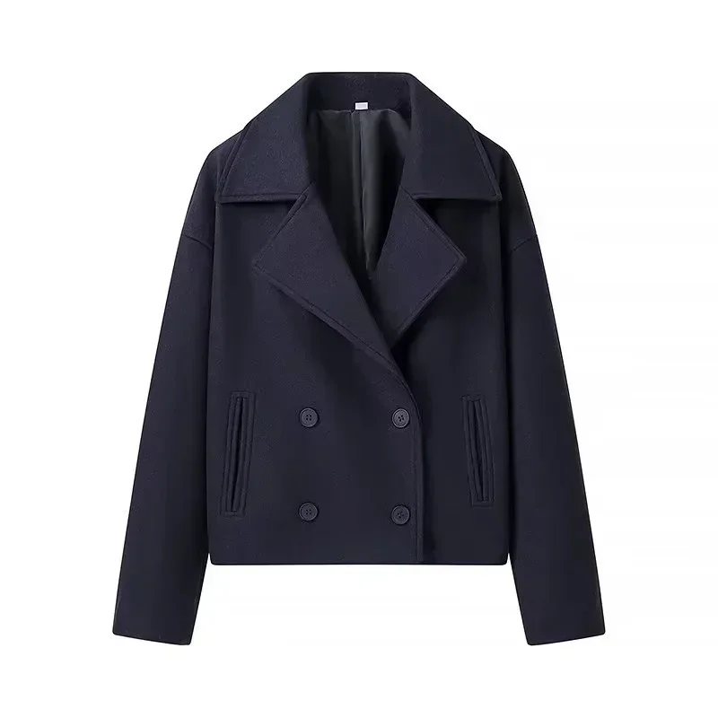 Loose Woolen Blends Coat Women Solid Lapel Double Breasted Pockets Jackets Autumn Winter Fashion Lady Office Outwear New