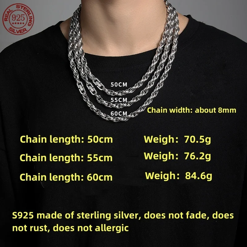Fashion 100% pure S925 silver jewelry Hip hop style ins fashion brand personality necklace for men and women