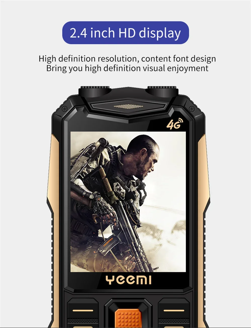 YeeMI K1+ 4G Rugged Waterproof Full Band Feature Phone 2.4Inch SOS Button Big Loudspeaker LED Light 1500mAh Battery Mobile Phone