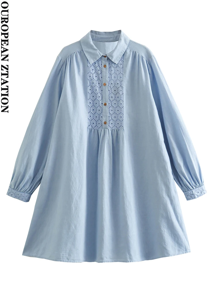 

PAILETE Women 2023 fashion embroidered linen mini dress vintage long sleeves female dresses vestidos