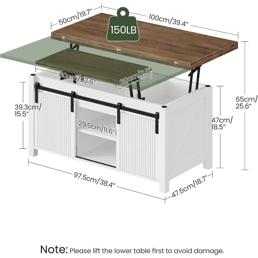 39.4" Lift Top Coffee Table, 4 in 1 Coffee Table, Farmhouse Convertible Coffee Tables, with Hidden Compartments, with Sliding Do 3