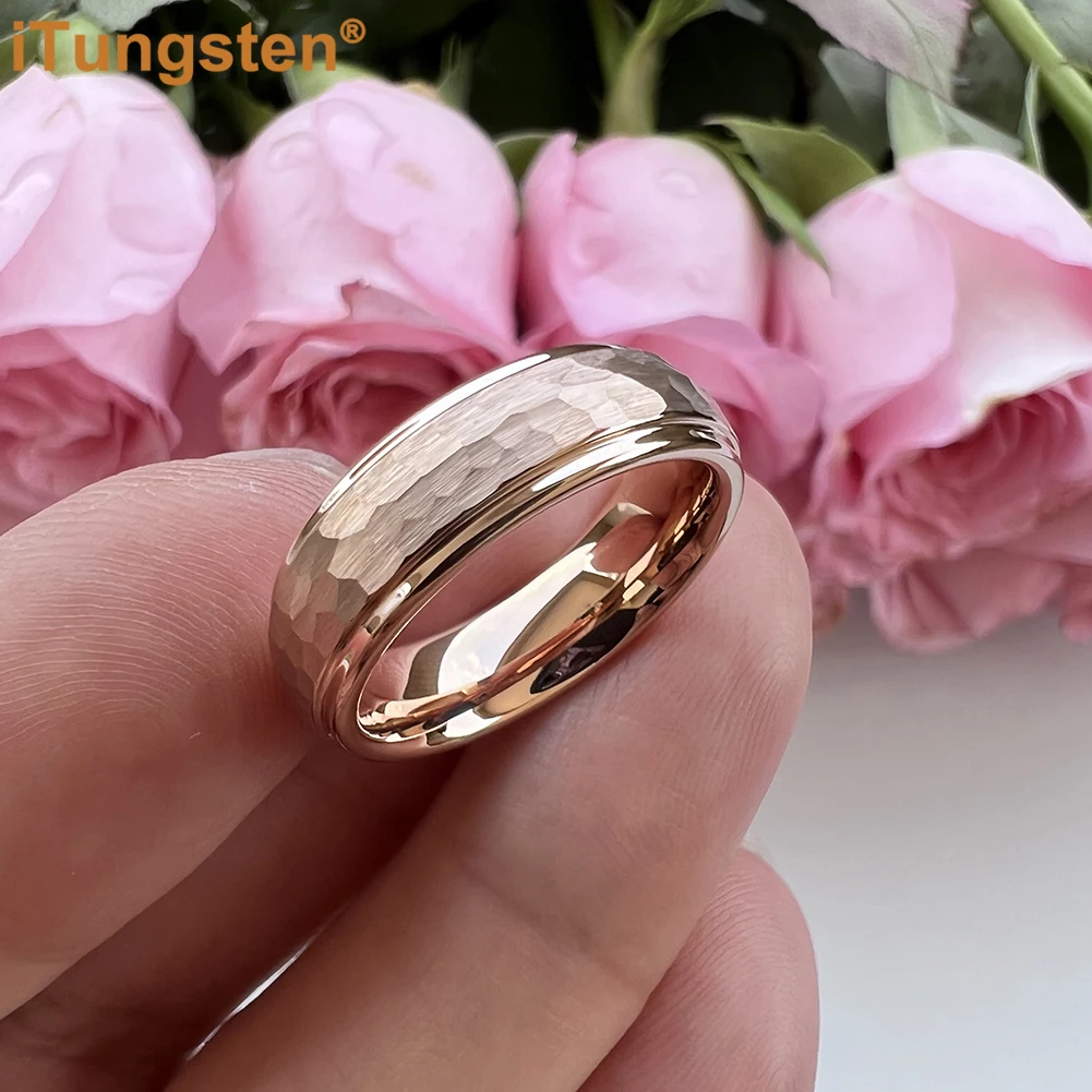 iTungsten 6mm 8mm Tungsten Hammer Ring Men Women Engagement Wedding Band Trendy Jewelry Domed Stepped Edges Comfort Fit