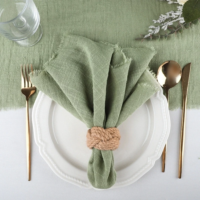 Serviettes En Coton Gaze Vert Sauge 42x42cm Avec Frange - Lot 12/24/48/100 Pièces - Style Boho Mariage