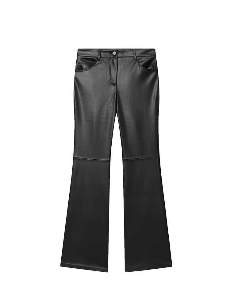 Women's Solid Faux Leather Trousers Elegant High Waist Vintage Street PU Slimming Zip Up Flared Pants Fashion Casual Streetwear