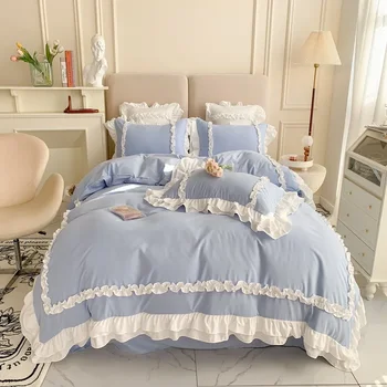 Set di biancheria da letto eleganti in pizzo Biancheria da letto di lusso Copripiumino con volant in cotone lavato principessa Lenzuolo e federe per ragazza di lusso