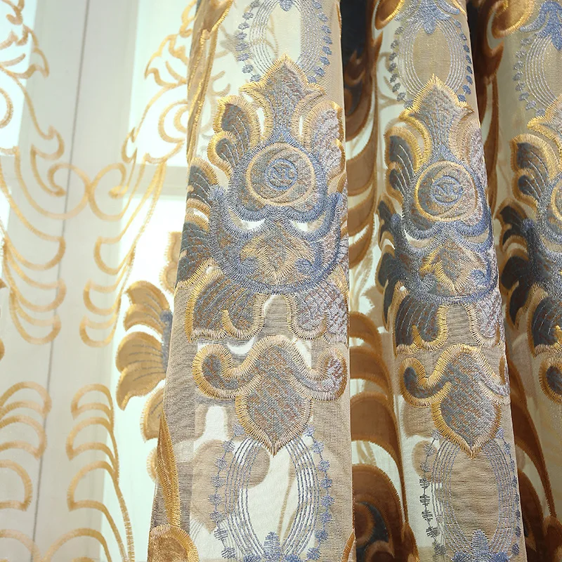 European Style Gray Gold Embroidered Thickened Chenille Curtains for Living Room Bedroom Custom Villa Valance Window Screening