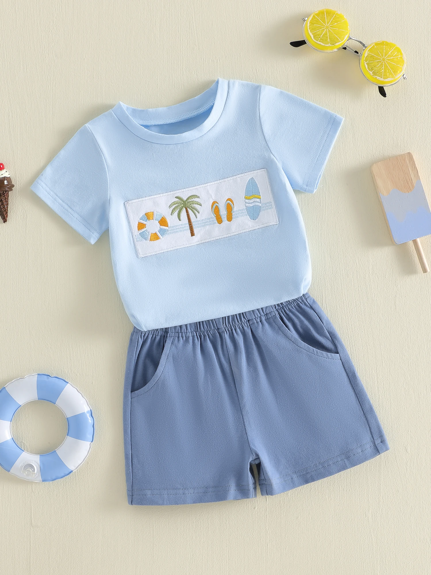 طقم ملابس صيفي للأطفال الصغار من الأولاد، قميص بأكمام قصيرة مطرز بشجرة جوز الهند، وشورت، طقم ملابس لطيف