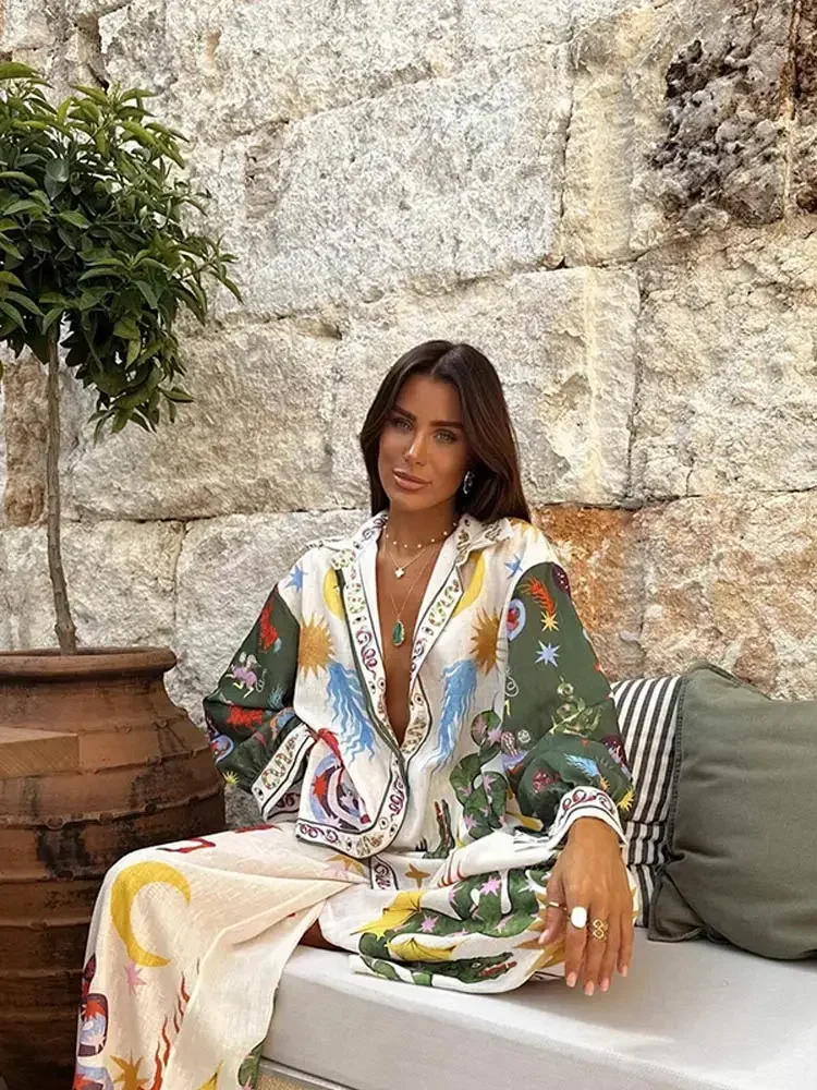 Loose Printed 2 Pieces Pant Sets Women Lapel Long Sleeve Blouse High Waist Wide Leg Pants Suit 2024 Summer Beach Holiday Outfits