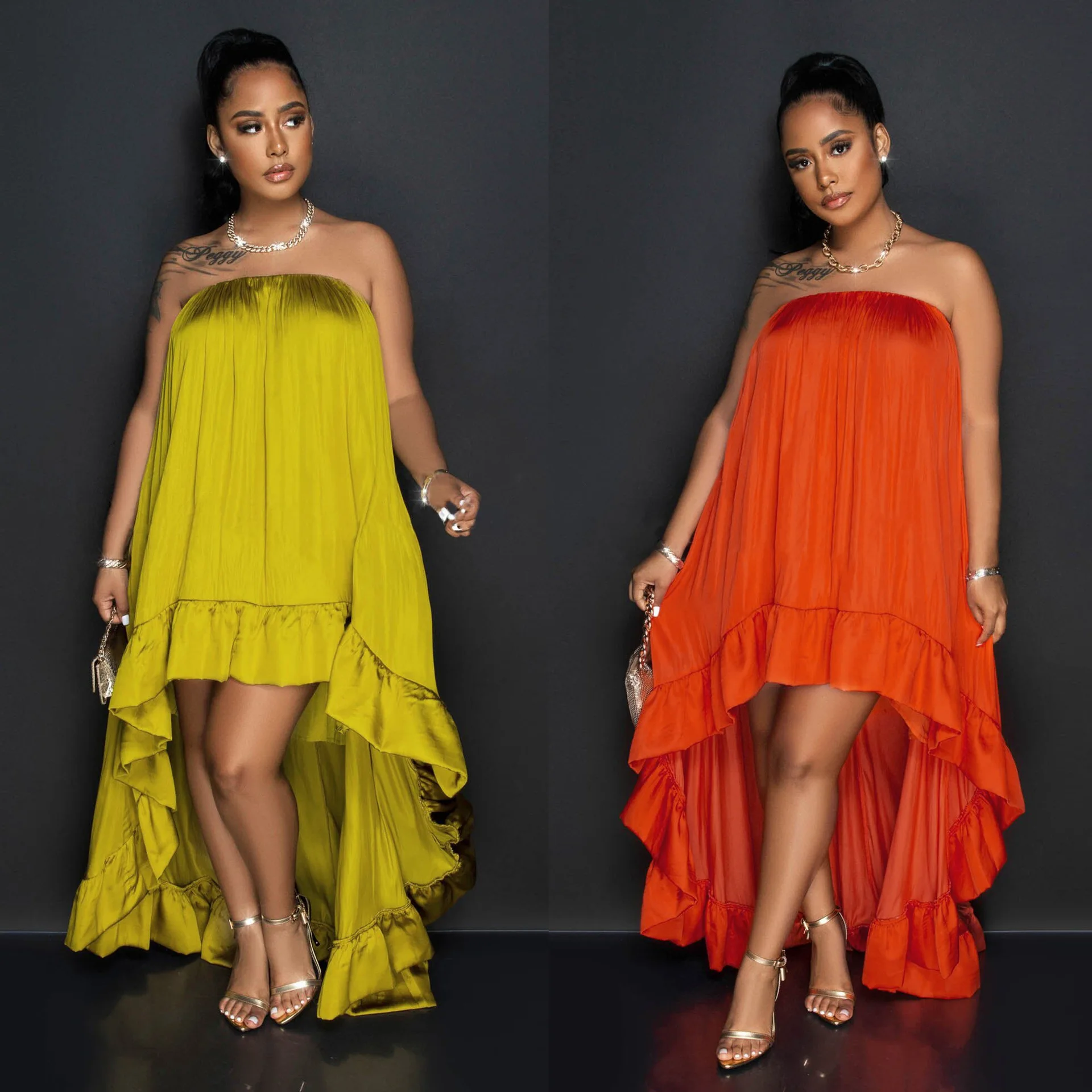 

Women's Satin Strapless Irregular Loose Ruffles Hem Maxi Dress 2023 Summer Fashion Sexy One Shoulder Evening Party Gown Dresses